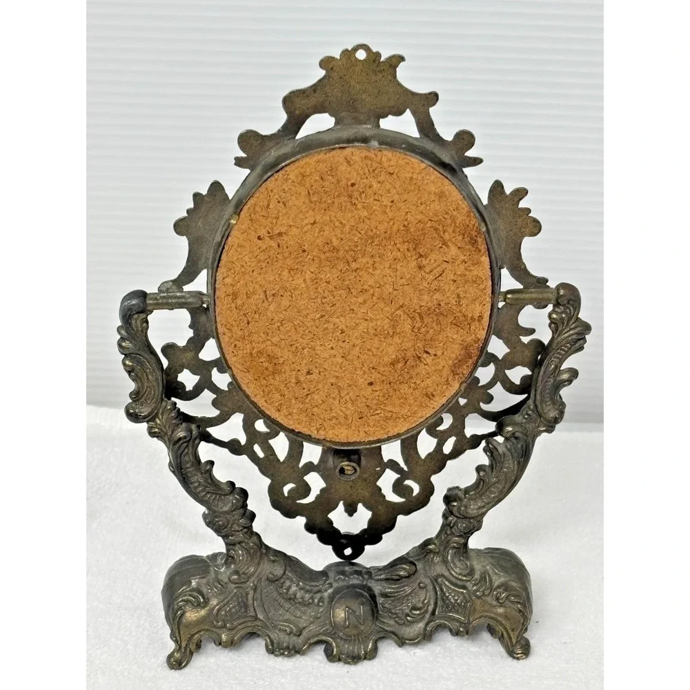 Vtg Ornate Cast Metal Vanity Mirror Tabletop Rococo Victorian Style Brass Finish